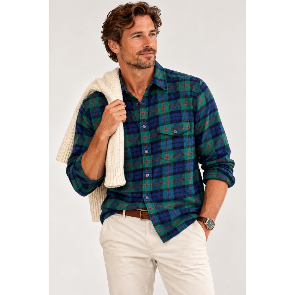 J.Crew Mens Cotton Cashmere Blend Plaid Flannel Shirt Green Blue Tartan Large